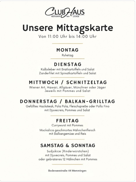 ClubHaus Mittagskarte
